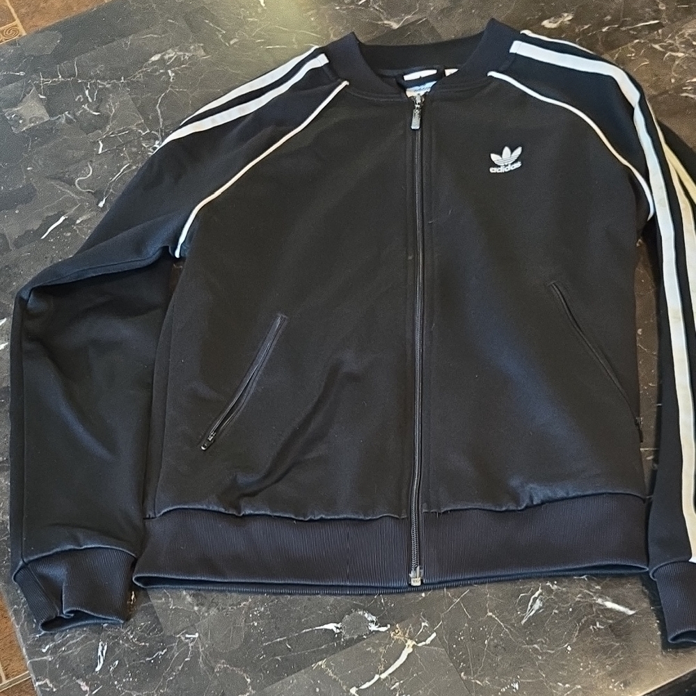 Adidas Men's Black Bomber Jacket with White Stripes